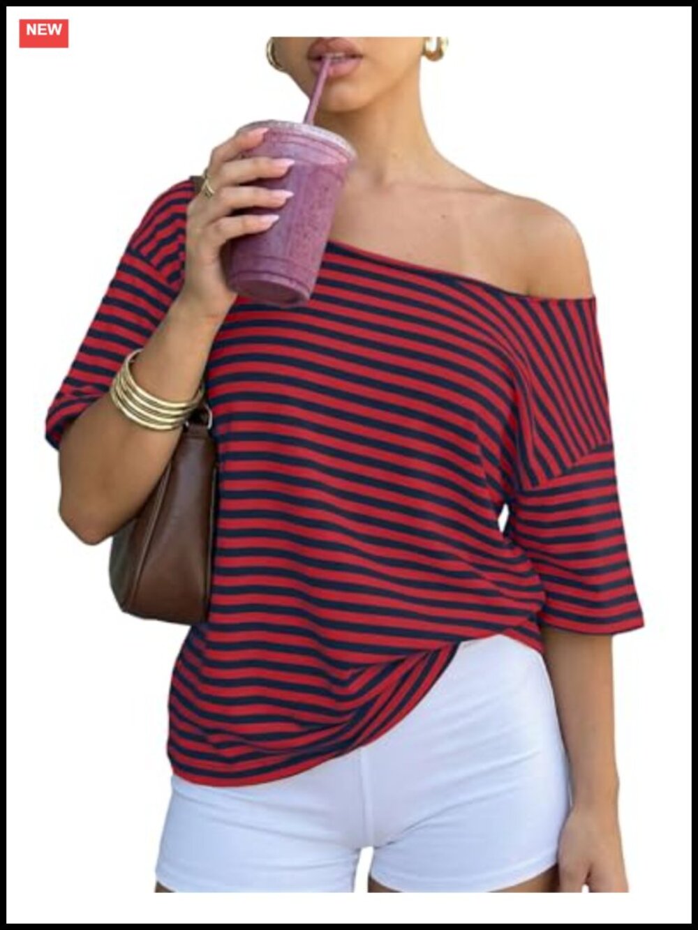 Women Off Shoulder Striped Tee Oversized Y2K Preppy Cotton Short Sleeve Top